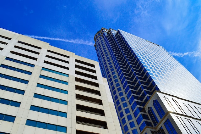 Picture of business buildings viewed from the floor.