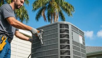 HVAC technician installing a new air conditioning unit in a Tampa home, showcasing professional service and Florida's climate