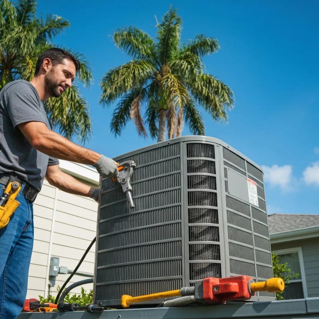 HVAC technician installing a new air conditioning unit in a Tampa home, showcasing professional service and Florida's climate